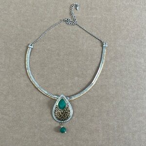 Two tone green plastic stone gold silver structured collar necklace pendant